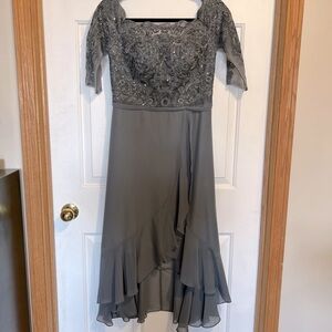 JJ House Women’s  Lace Chiffon Ruffled High Low, Steel Grey Dress, #69